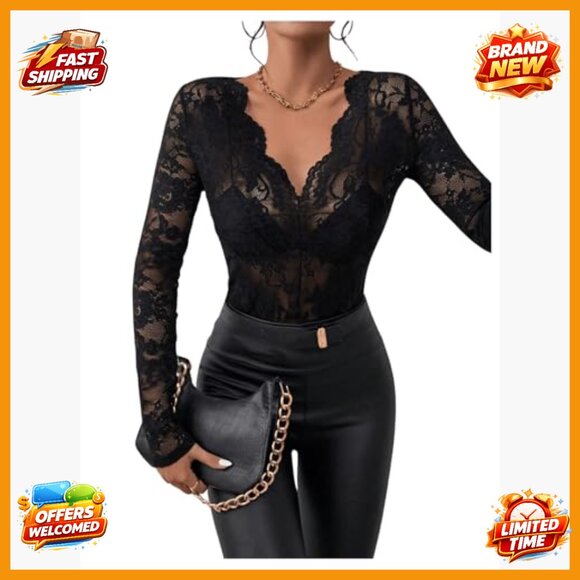 Floral Embroidery Mesh Lace V-Neck Long Sleeve Blouse Sheer Top - Picture 6 of 6